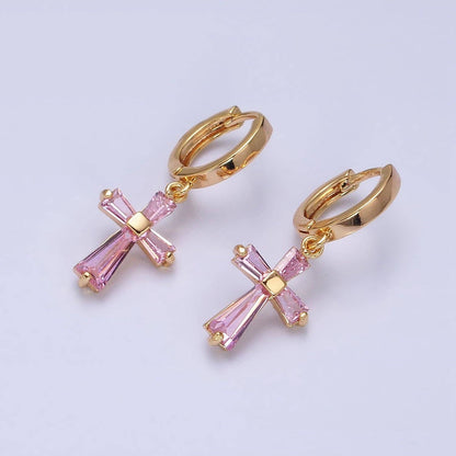 Clear/Pink CZ Baguette Dangling Cross Gold-Filled Earrings