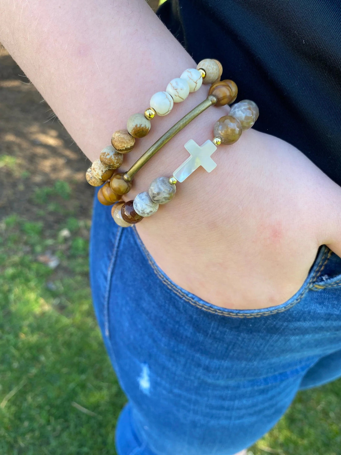 Natural Stone &amp; Rosewood Diffuser Bracelet with Cross