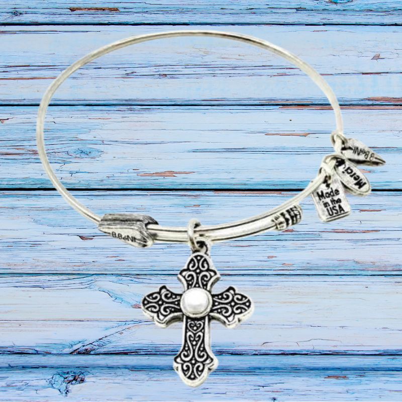 Old World Silver &quot;El Shaddai&quot; Cross Bangle With Pearl