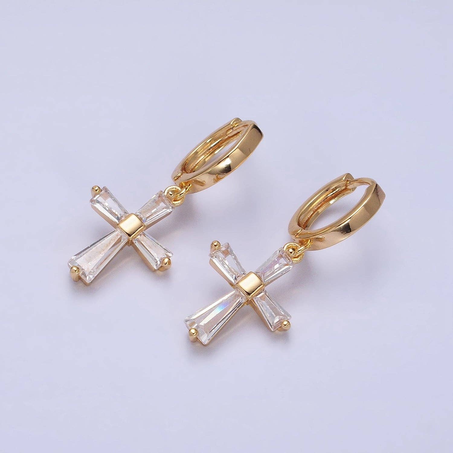 Clear/Pink CZ Baguette Dangling Cross Gold-Filled Earrings