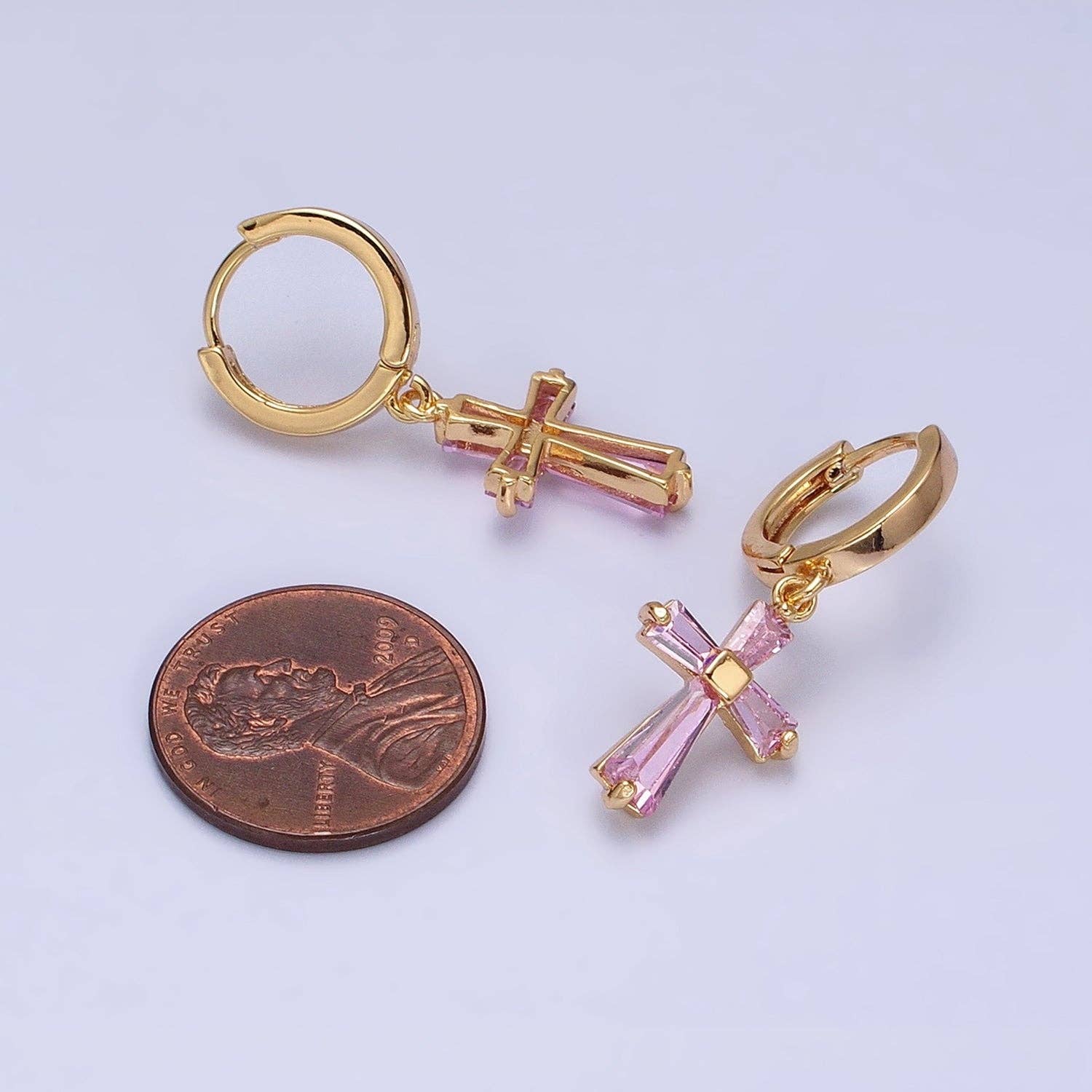 Clear/Pink CZ Baguette Dangling Cross Gold-Filled Earrings