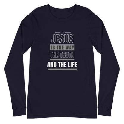 Flatlay of a navy Christian long-sleeve shirt. The shirt text reads &quot;Jesus is the way, the truth, and the life&quot;