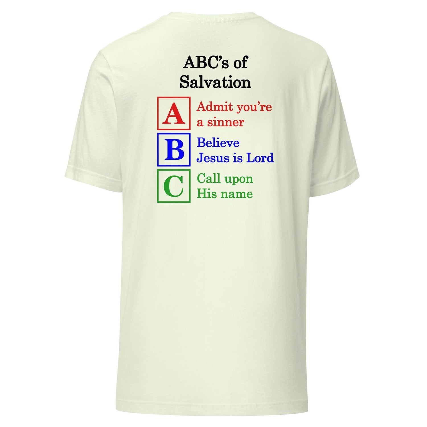 Flatlay of a light yellow t-shirt, showcasing a Christian design, that says:
ABC&