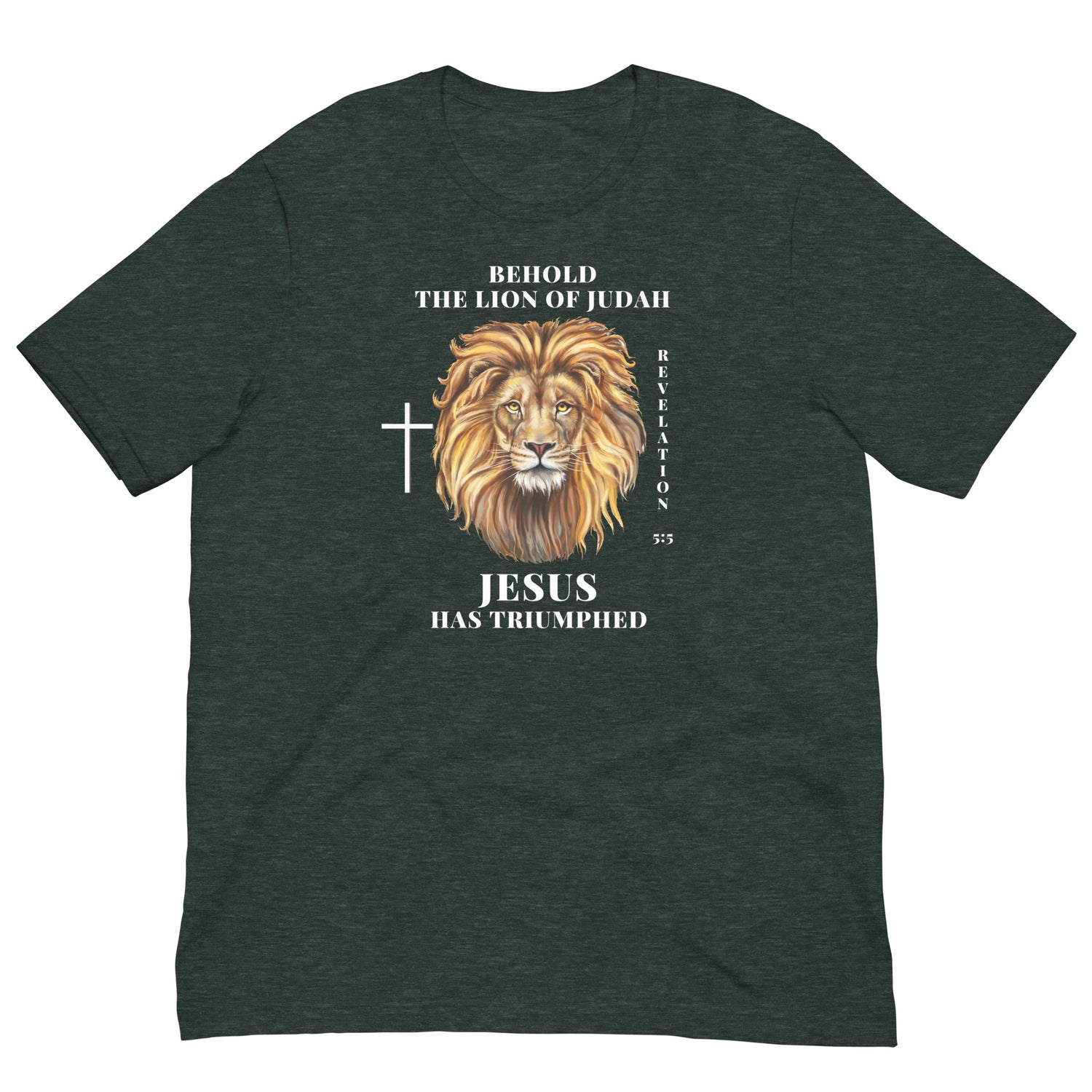 dark gray Christian unisex shirt. The shirt design has an image of a lion. To the left of the lion, there is a cross icon. the right has stacked text that says Revelations 3:5&quot;. Above the lion, the text says, &quot;Behold, the Lion of Judah&quot;, and below the lion the text says &quot;Jesus has triumphed&quot;. The shirt is sold from Amela&