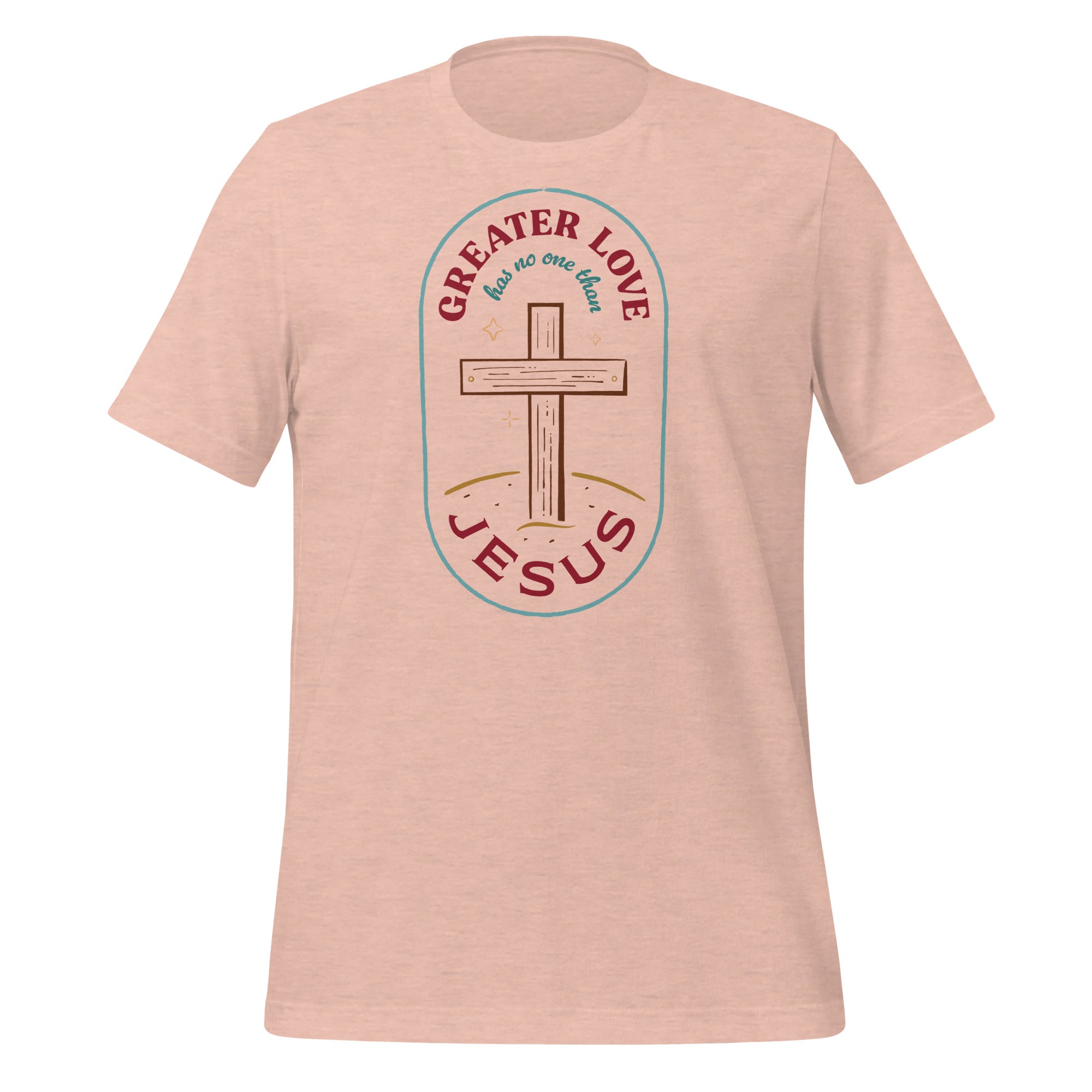 A flat lay of a peach Christian t-shirt. The design features a rounded rectangle, with a cross in the center. The text above and below the cross says &quot;Greater love has no one than Jesus&quot;