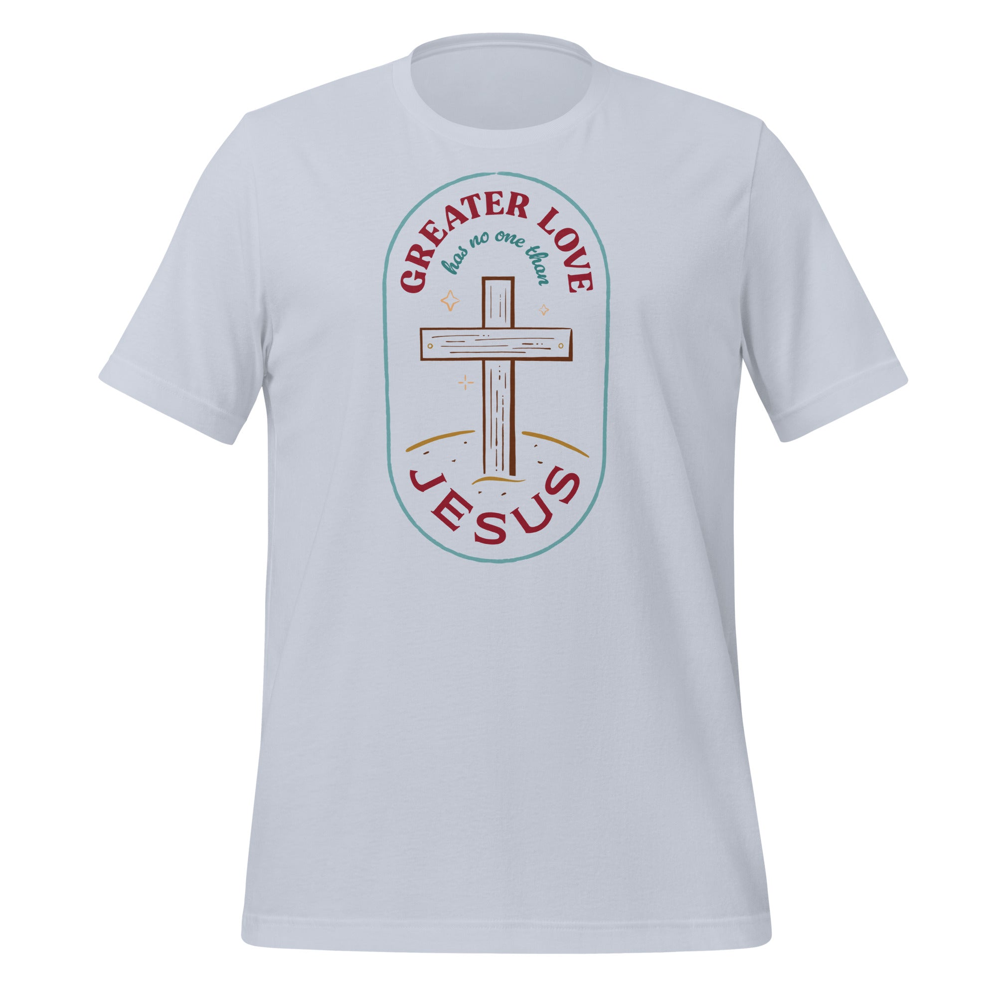 A flat lay of a light blue Christian t-shirt. The design features a rounded rectangle, with a cross in the center. The text above and below the cross says &quot;Greater love has no one than Jesus&quot;