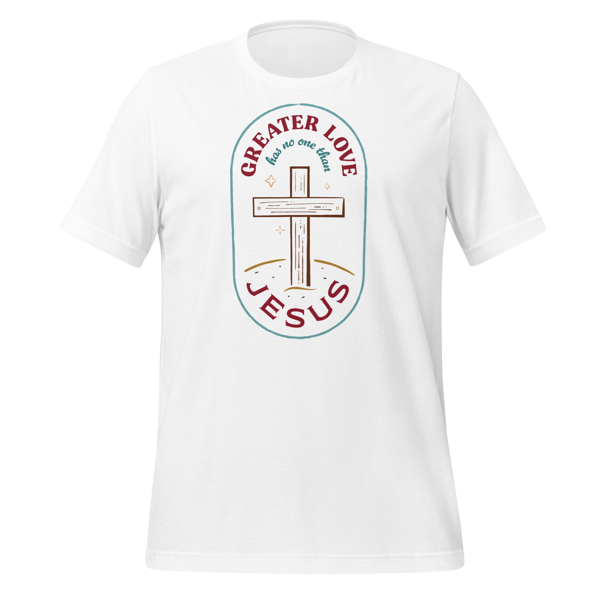 A flat lay of a white Christian t-shirt. The design features a rounded rectangle, with a cross in the center. The text above and below the cross says &quot;Greater love has no one than Jesus&quot;