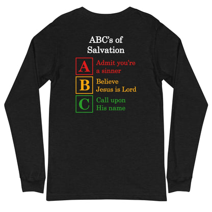 Flatlay of a black long sleeve shirt, showcasing  a Christian design, that says:
ABC&