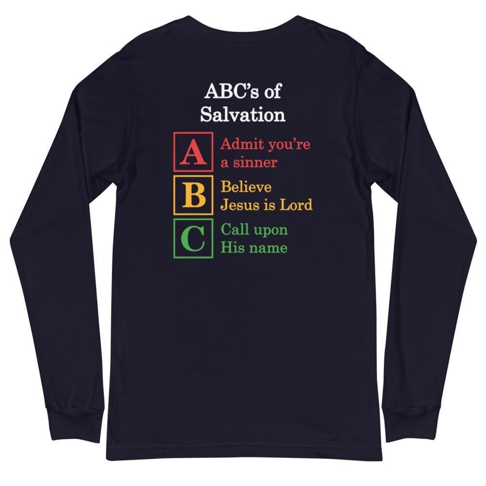 Flatlay of a navy long sleeve shirt, showcasing  a Christian design, that says:
ABC&