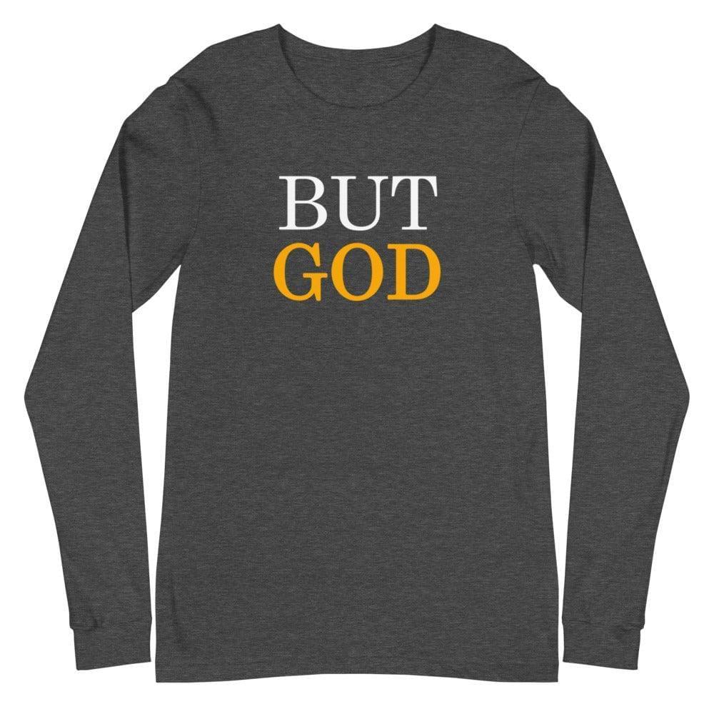 Flatlay of a gray shirt long sleeve shirt, showcasing  a Christian design, that says &quot;But God&quot;