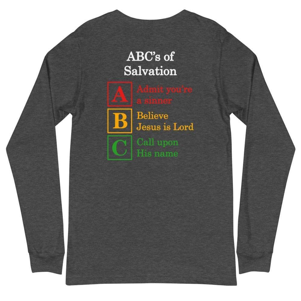 Flatlay of a gray long-sleeve shirt, showcasing  a Christian design, that says:
ABC&