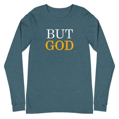 Flatlay of a teal shirt long sleeve shirt, showcasing  a Christian design, that says &quot;But God&quot;