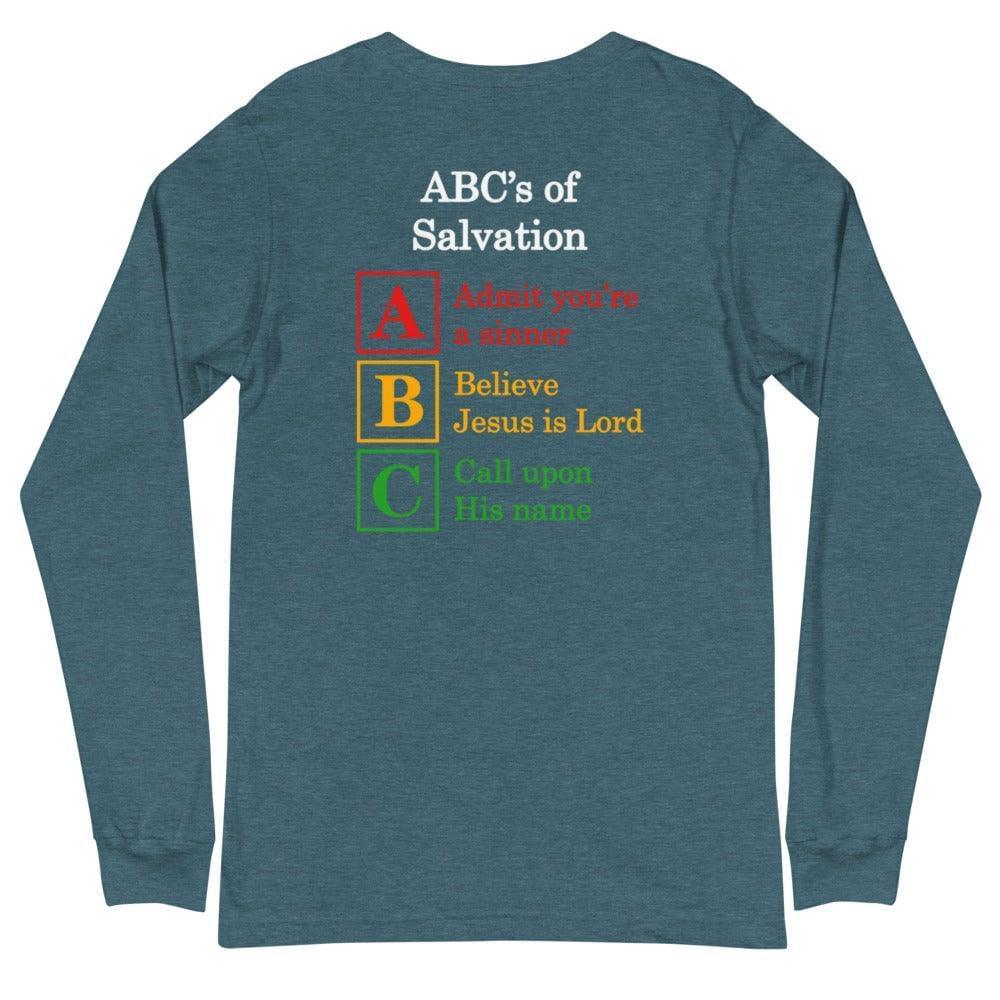 Flatlay of a teal long-sleeve shirt, showcasing  a Christian design, that says:
ABC&