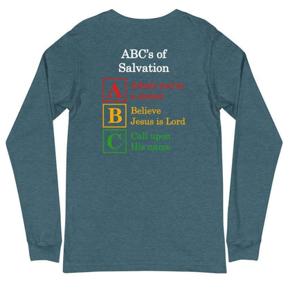 Flatlay of a teal long-sleeve shirt, showcasing  a Christian design, that says:
ABC&