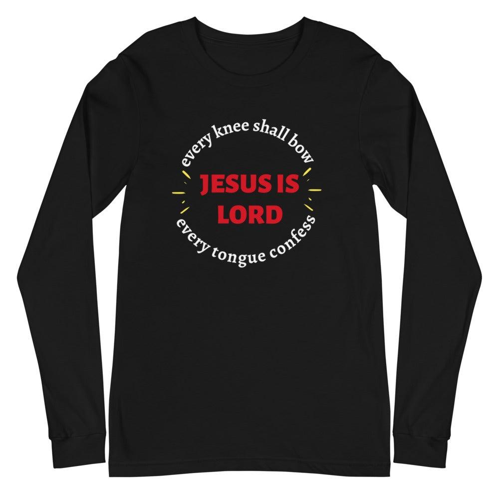 Black Christian unisex T-shirt that says in a circle &quot;Every knee shall bow, every tongue confess&quot; with &quot;Jesus is Lord&quot; in the middle. The shirt is sold from Amela&