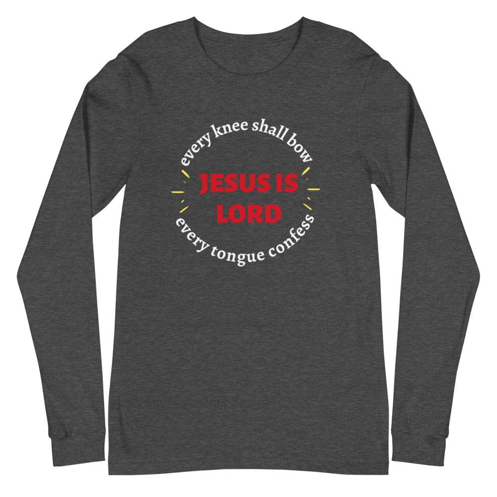 Gray Christian unisex T-shirt that says in a circle &quot;Every knee shall bow, every tongue confess&quot; with &quot;Jesus is Lord&quot; in the middle. The shirt is sold from Amela&