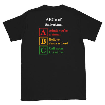 Flatlay of the back of a black shirt, showcasing a Christian design, that says:
ABC&