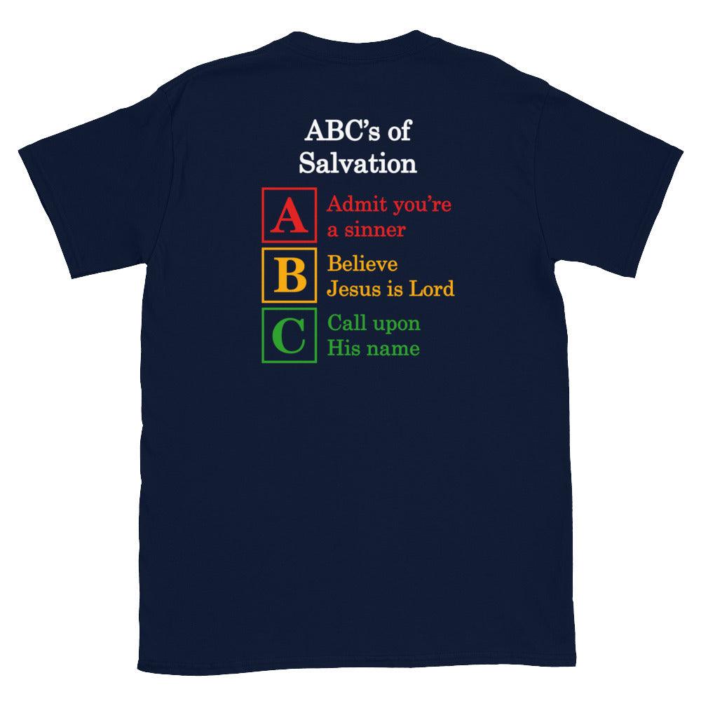 Flatlay of the back of a navy shirt, showcasing a Christian design, that says:
ABC&