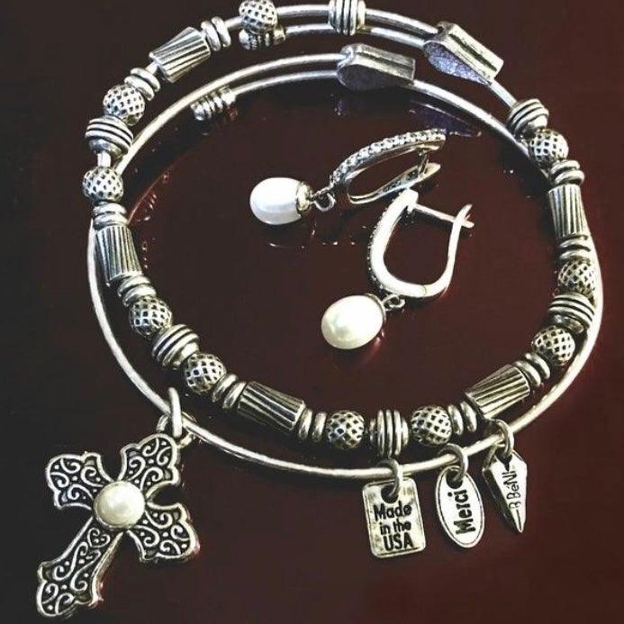 Old World Silver &quot;El Shaddai&quot; Cross Bangle With Pearl - Amela&